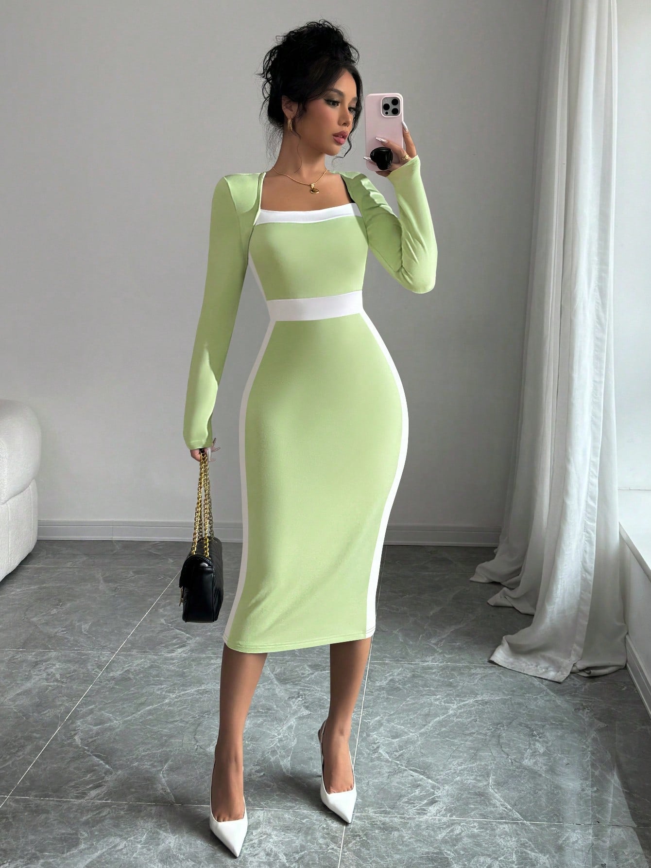 Elenzga Square Neck Color Block Figure Hugging Sexy Women Dress Maxi Women Outfit