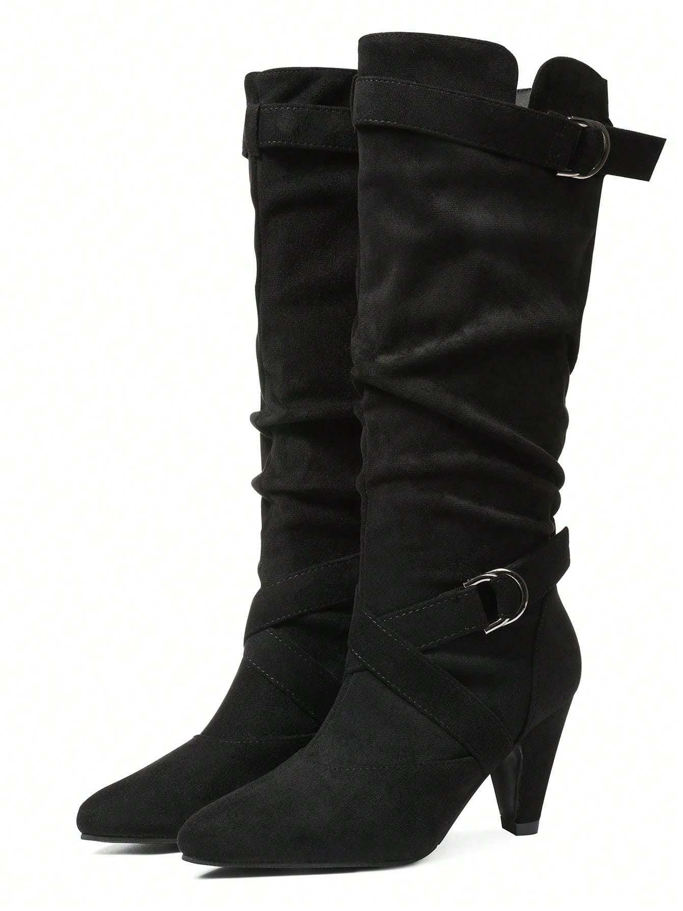 Brown Suede Women Slouchy Boots Kitten Heels Buckle Strap Women Fall Tall Shoes Luxury Casual Elegant Retro Women Mid Calf Shoes