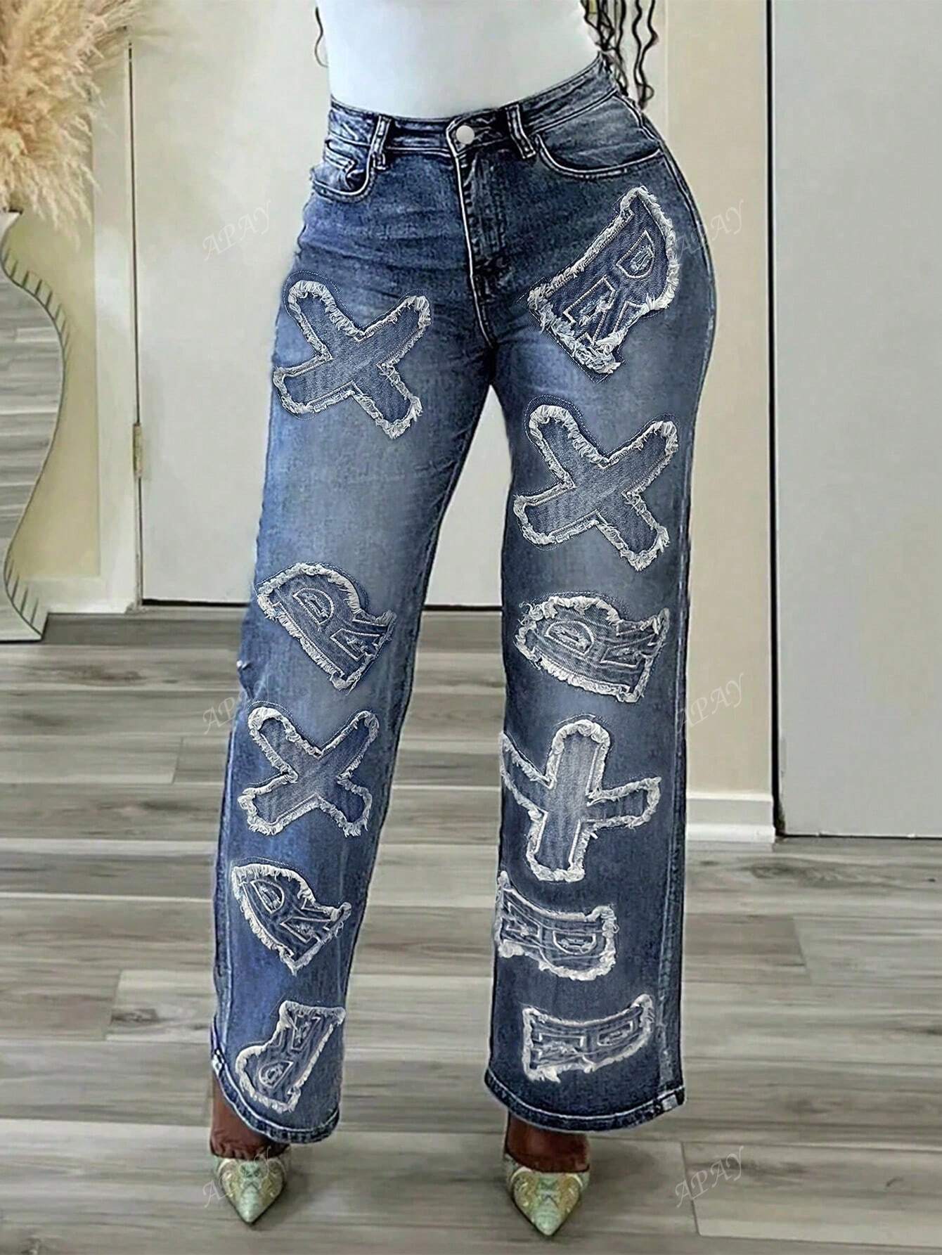 Women's Button Decorated Cross Print Casual Straight-Leg Jeans