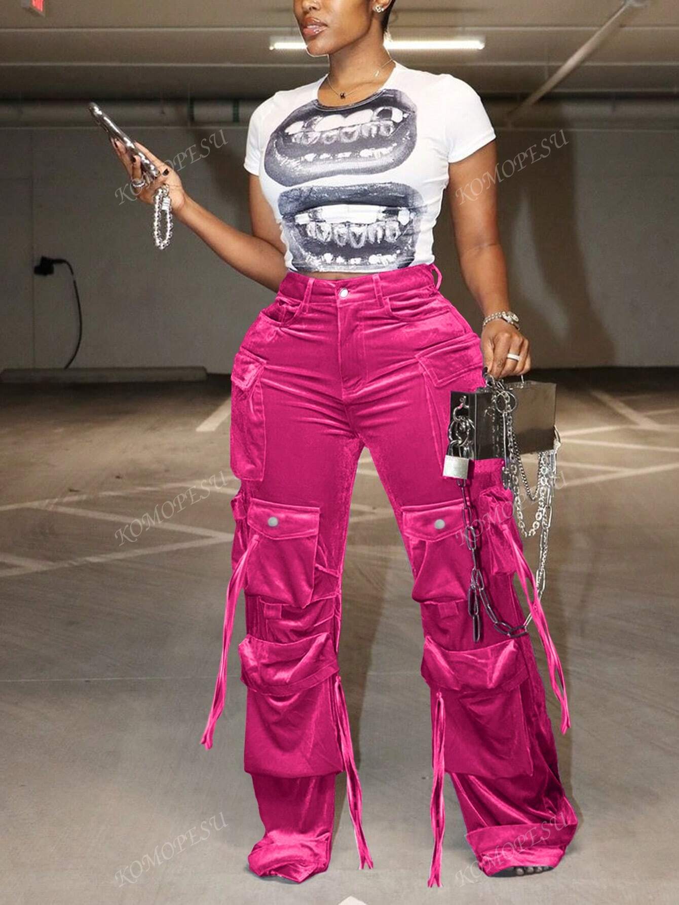 Fashionable Velvet Multi-Pocket Fringed Decorated Cargo Pants