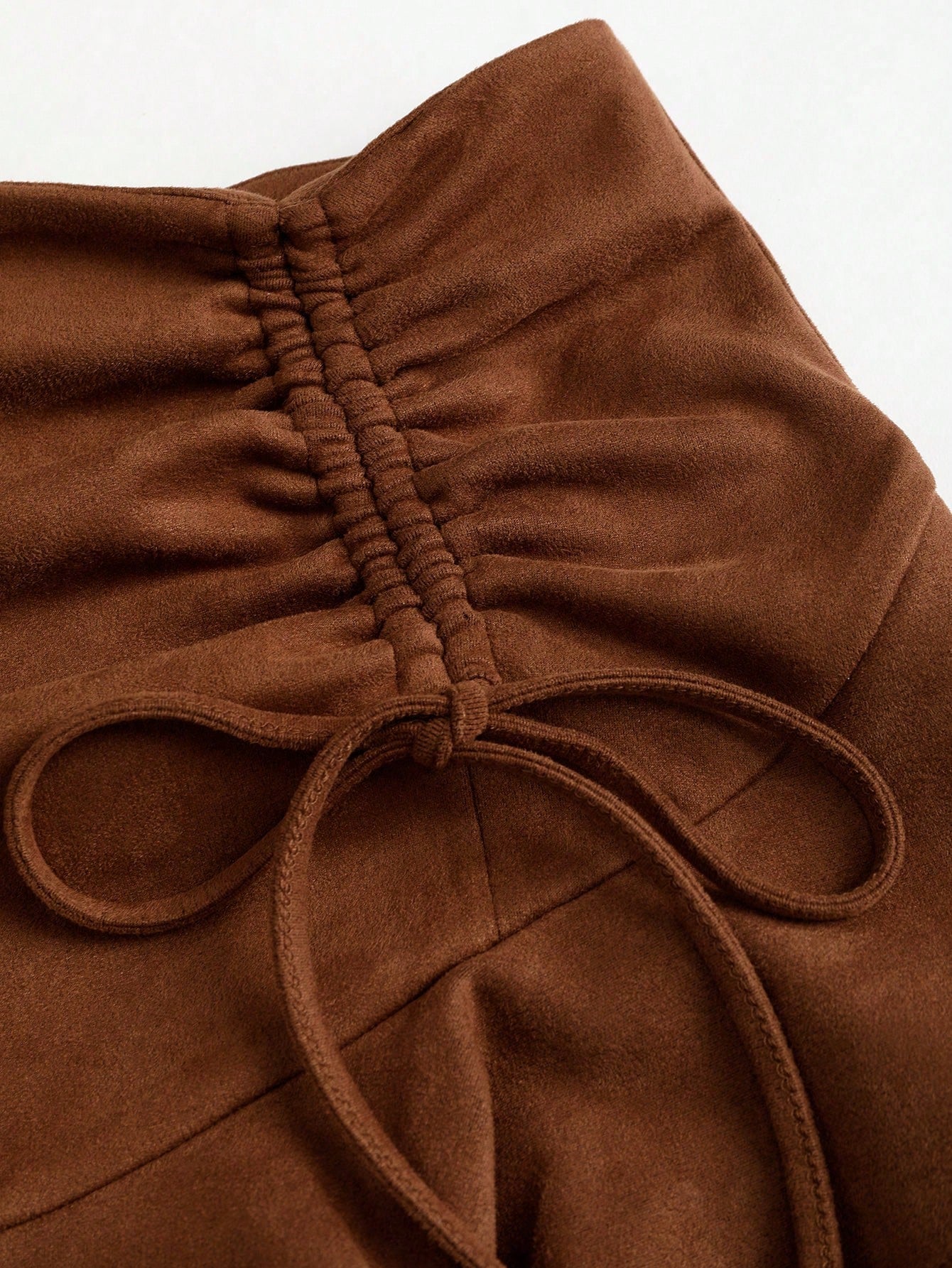 Sweetra Women's New Autumn/Winter Western Cowgirl Sexy Brown Solid Color Faux Suede Pleated Bow Ruffle Hem Mini Skirt