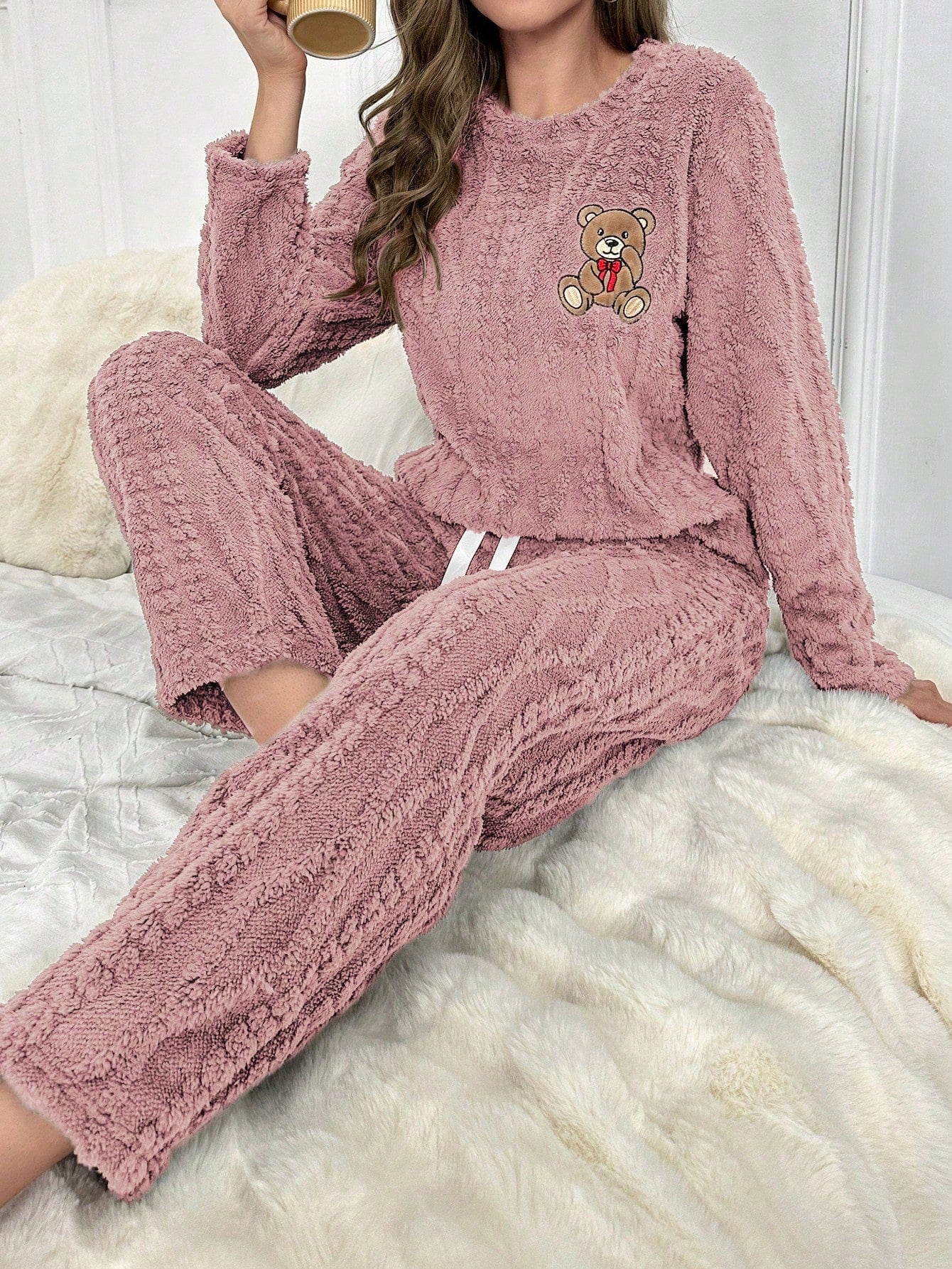 Bear Embroidery Flannel PJ Set / Pajama Set
