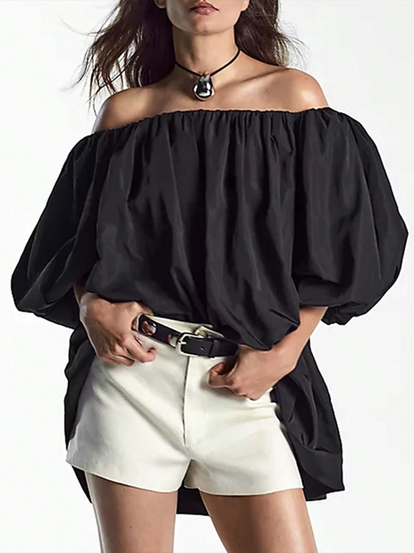 Women's Y2K Off Shoulder Puff Ruffle Trim Shirt Casual Loose Long Sleeve Tops Classy Oversized Summer Blouse Pleated Tunic For Daily Party Club Streetwear Fairycore