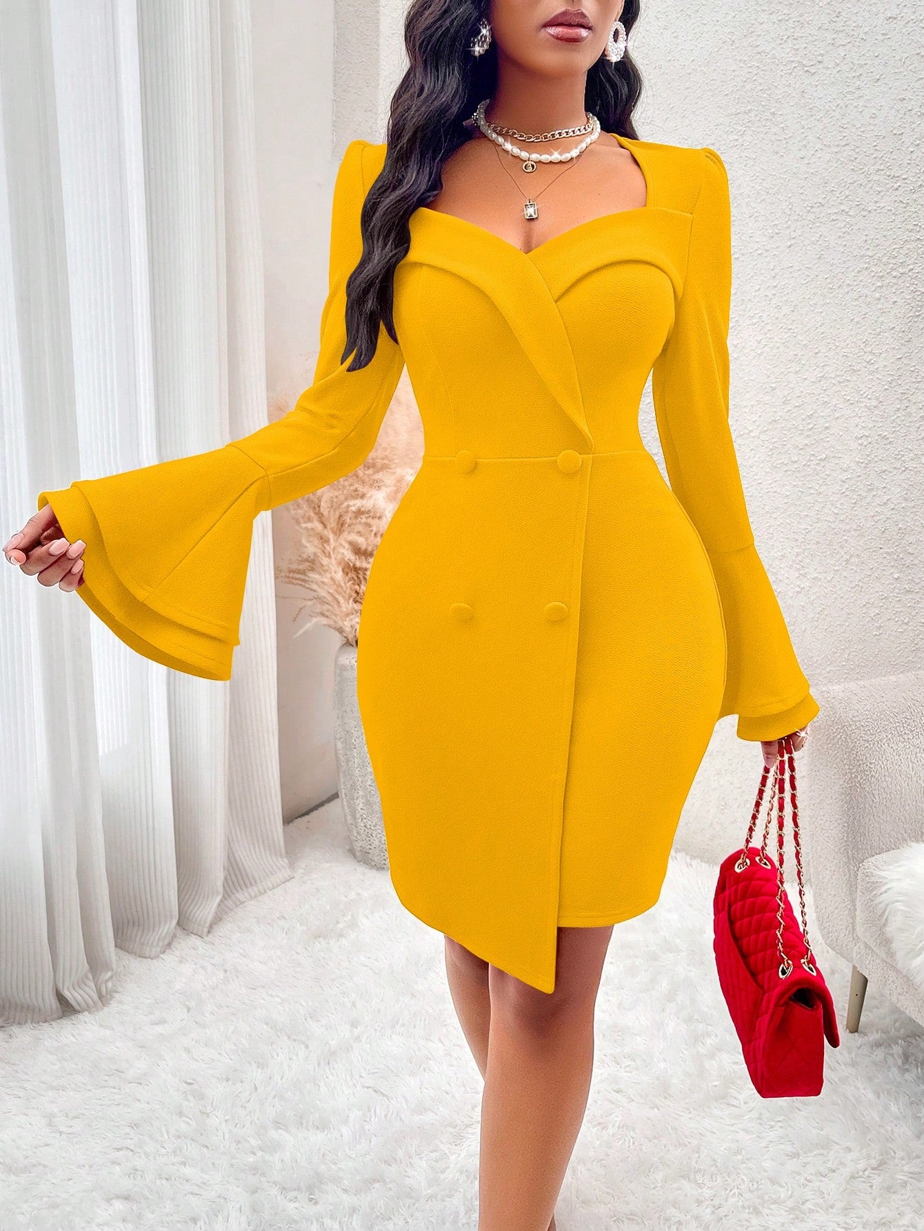 SOLERSUN Sweetheart Collar Bell Sleeves Button Detail Dress For New Year Clothes