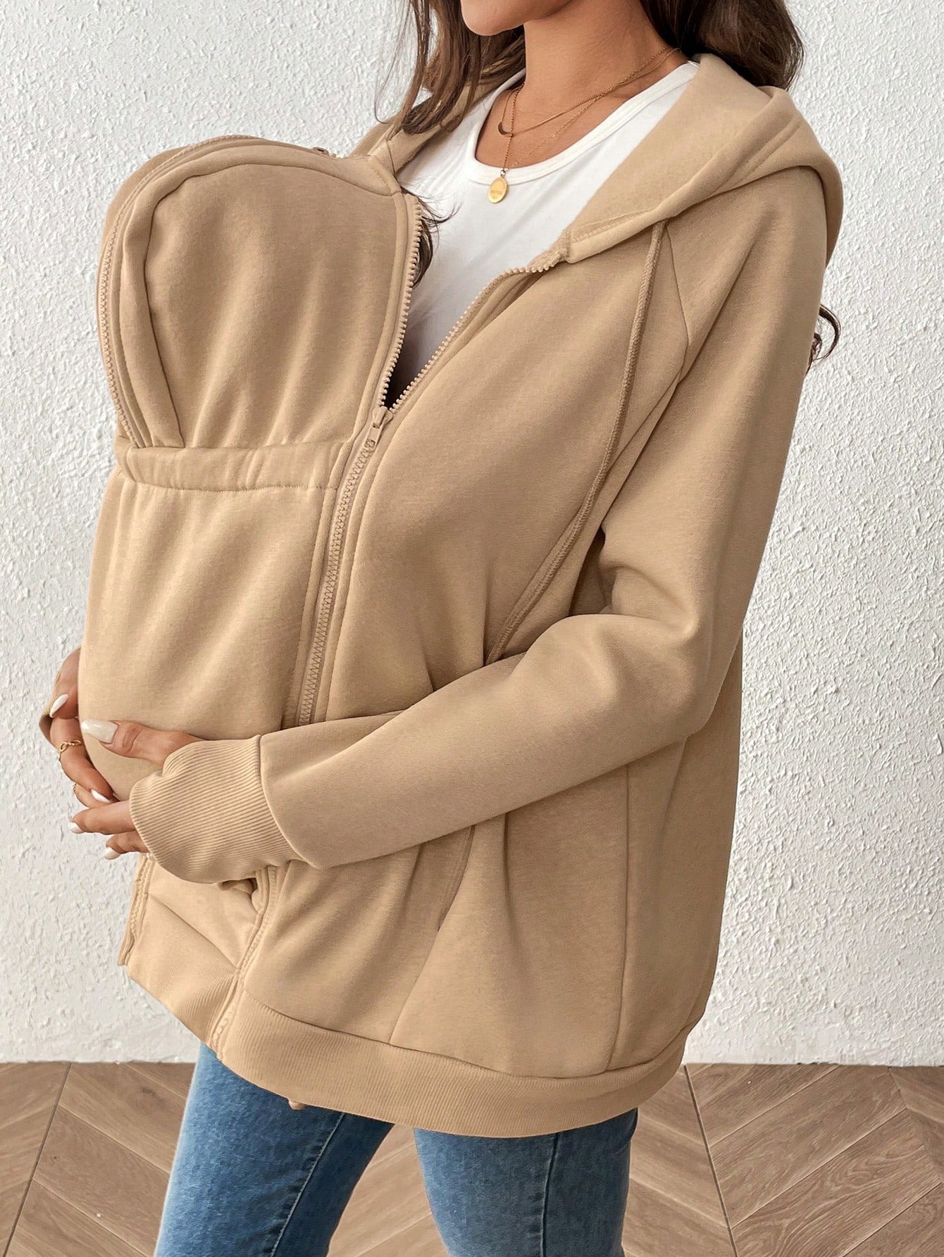Pregnant Women's Plain Color Thermal Lined Zip-Up Breastfeeding Long Sleeve Hoodie, Breastfeeding Hoodie, Autumn/Winter, For Maternity