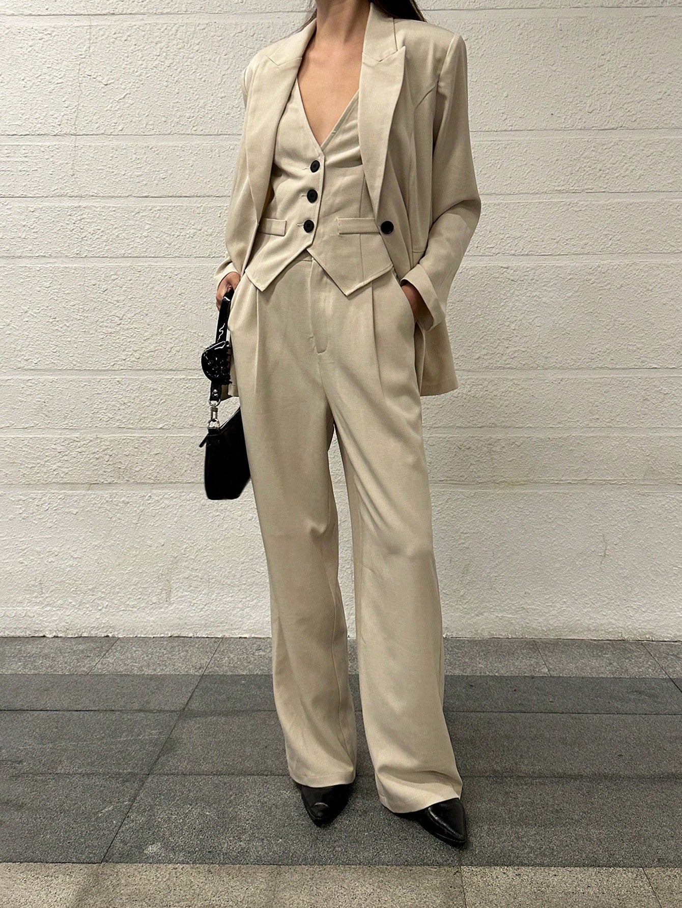 EZwear 3pcs/Set Solid Grey Suit Jacket, Vest And Pants