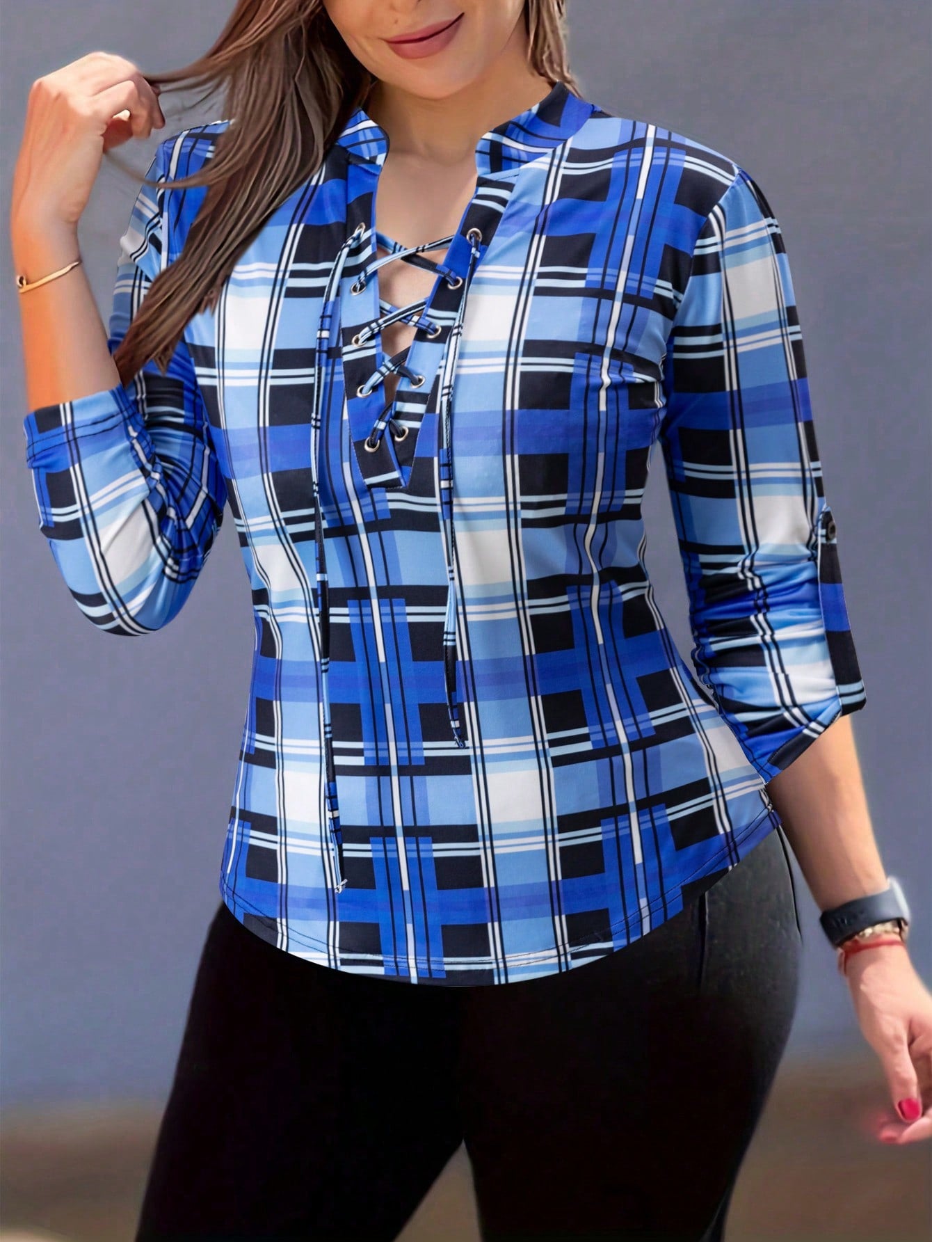 EMERY ROSE Women's V-Neck Drawstring Long Sleeve Plaid Design Casual T-Shirt Graphic Tees Women Tops For Spring Outfit