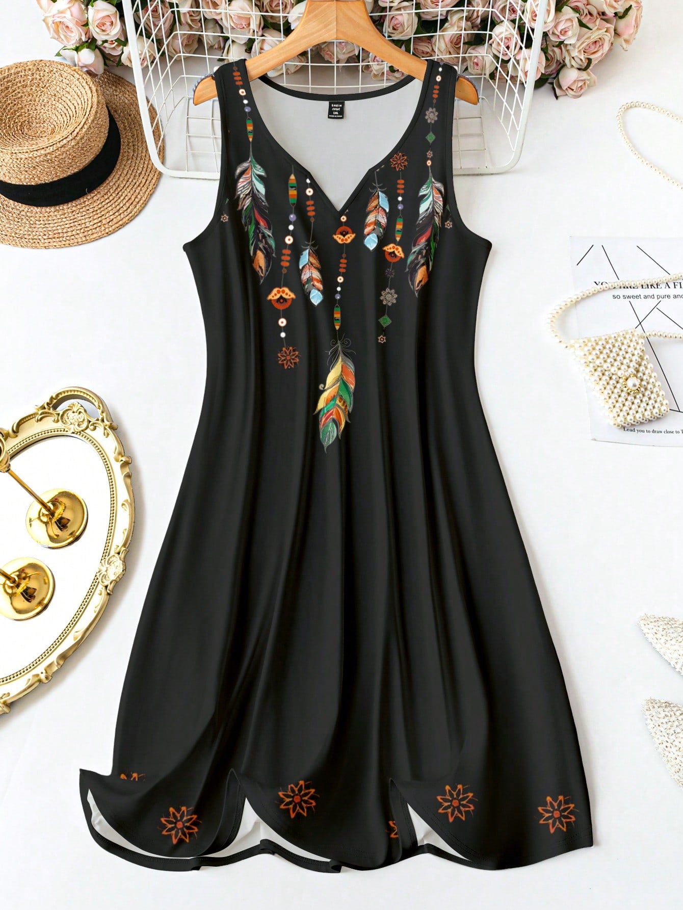 Plus Size Large Feather Print Tank Dress