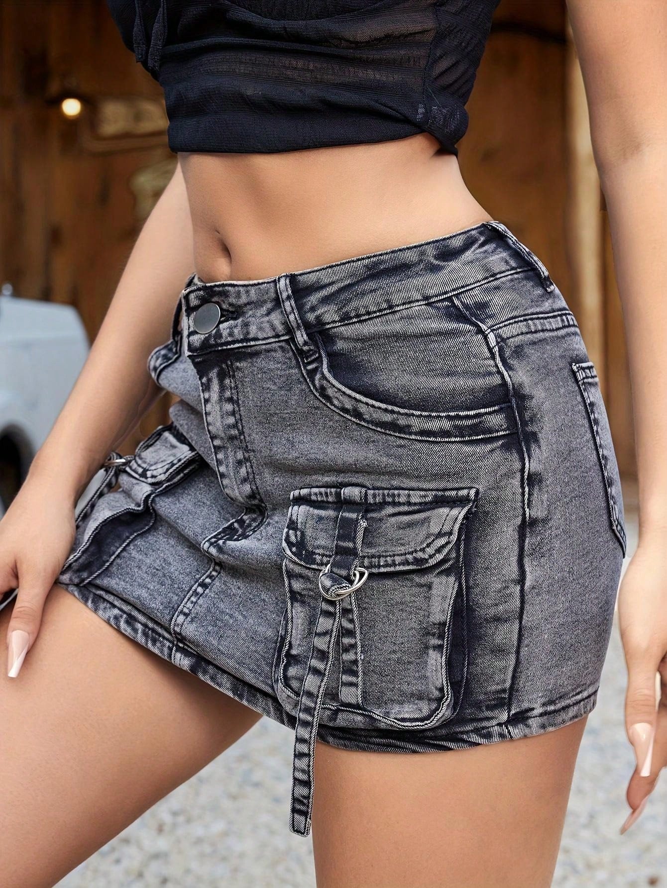 Women's Elegant Vintage Grey Denim Mini Skirt With Flip Pocket, Zip-Up Button Open Cargo Denim Skirt
