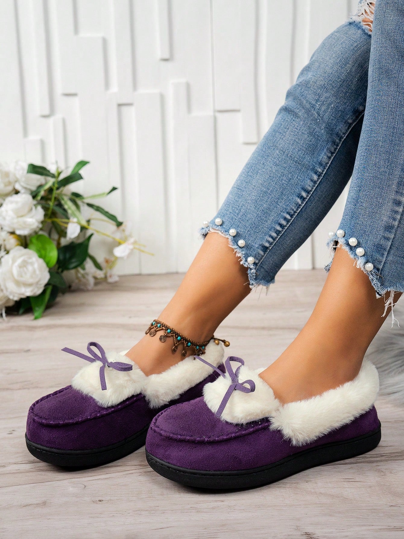 High-Density Memory Foam Slippers With Long Plush Interior, Winter Indoor Slippers, Bow Slippers, Non-Slip Slippers, Women's Slippers, Holiday Gift