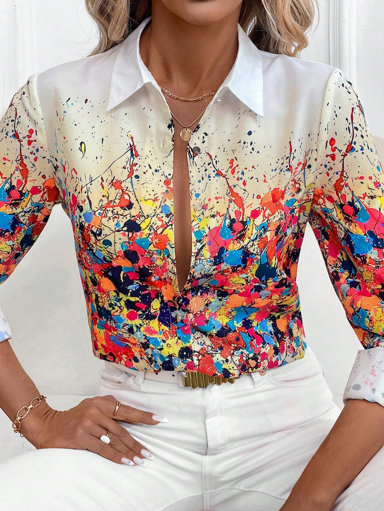 Clasi Marble Print Button Front Long Sleeve Shirt,Long Sleeve Tops