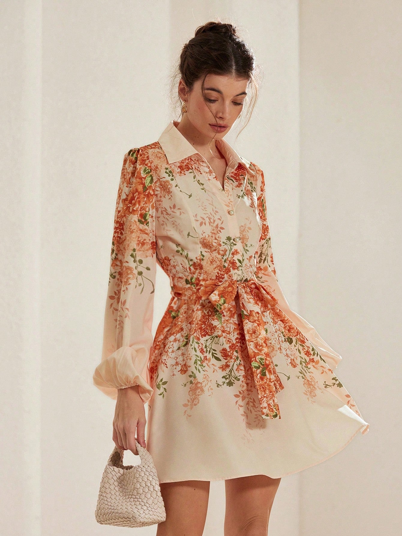 Aveloria Modichic Elegant Black Base Pink Floral Print Stand Collar Lantern Sleeve Waistband Short Dress Vacation Outfits Woman