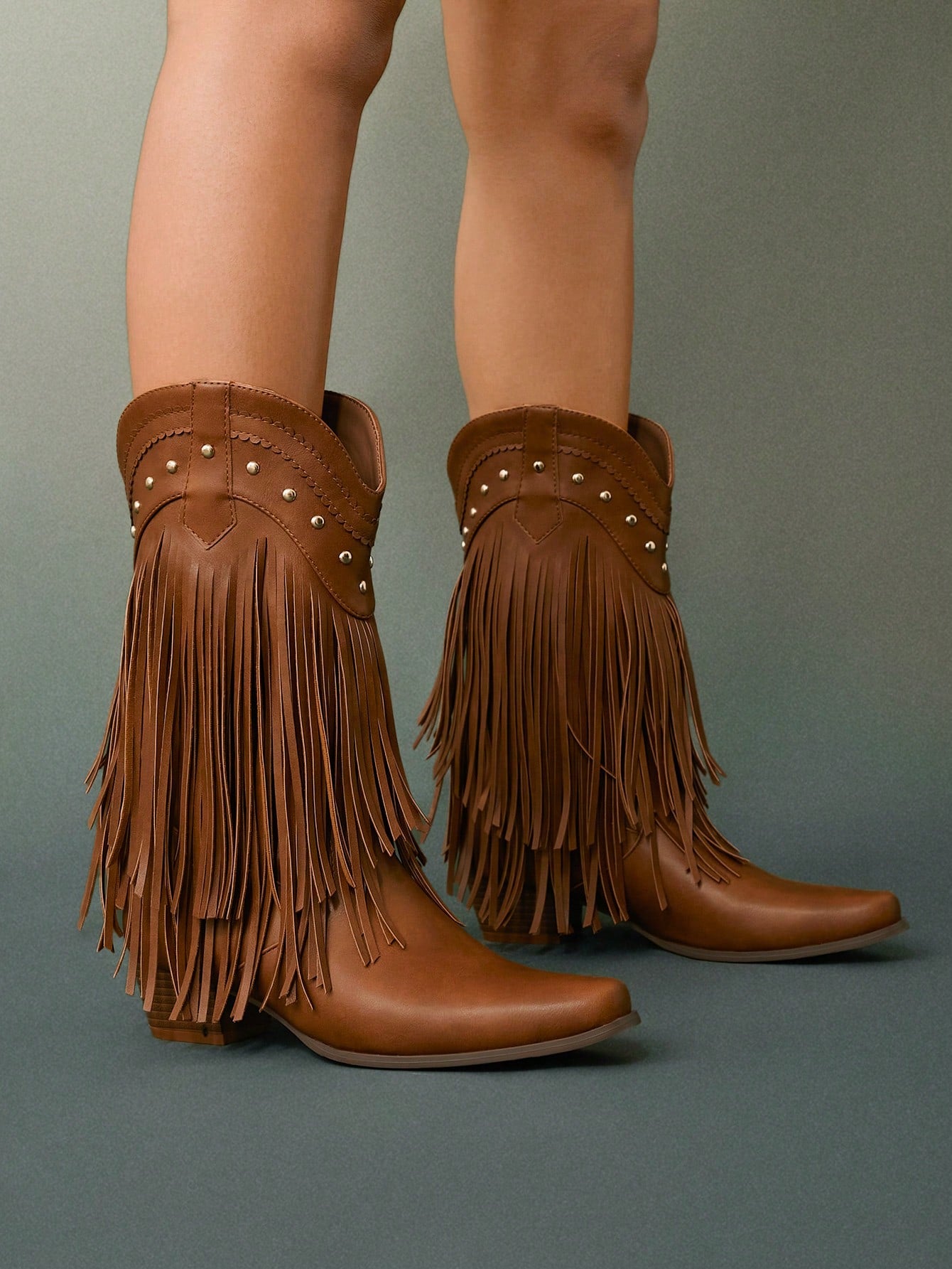 SHUZIA Ladies' Trendy Cowgirl Mid-Calf Tassel Fringe Black Color Pointed Toe Thick Heel Bootie