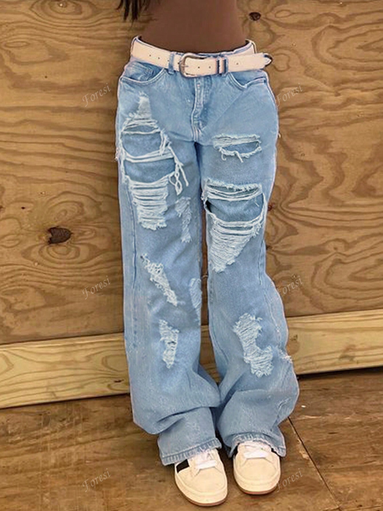 Women Street Style Double-Layered Ripped Straight-Leg Jeans