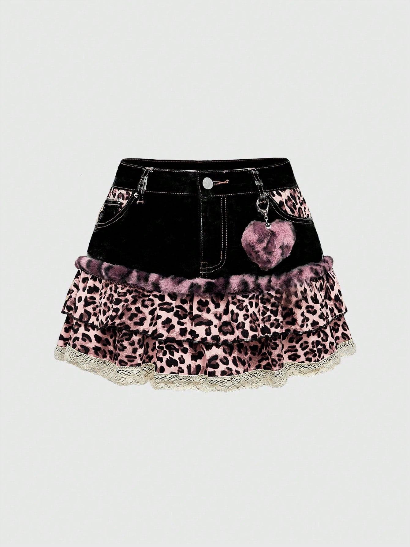 ROMWE Kawaii Y2K Style Leopard Print Patchwork Cute Denim Mini Skirt