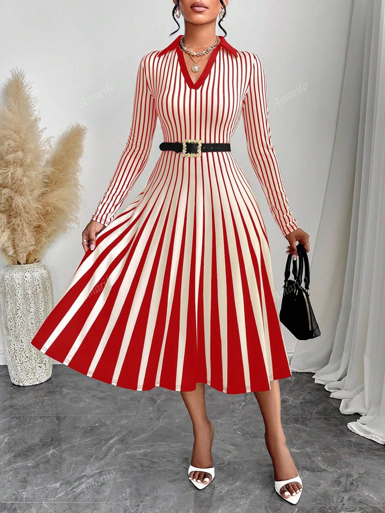 2024 Fall Women's Casual Elegant Striped Polo Collar Casual Long Sleeve Midi Dress For Simple Daily Life