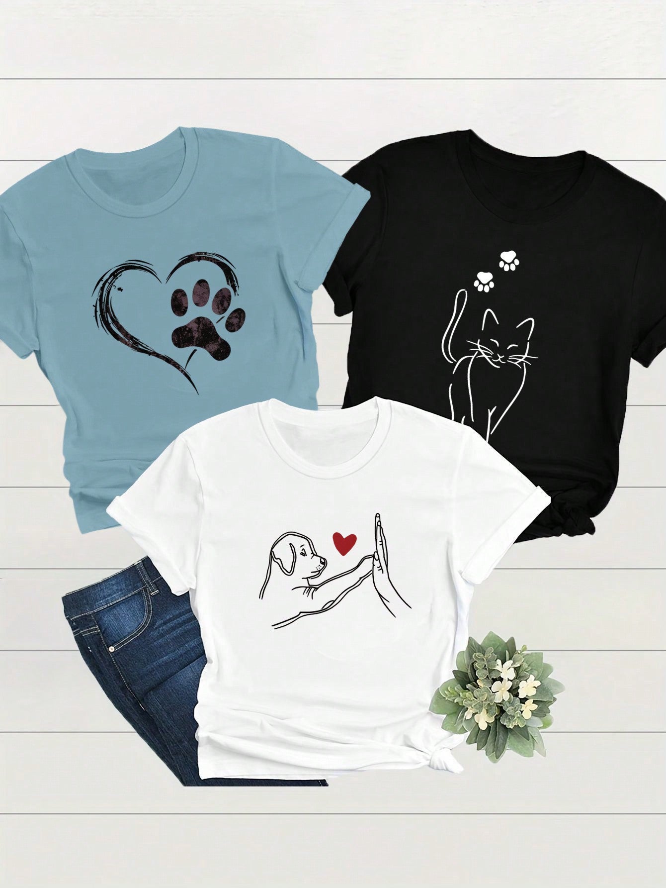 INAWLY 3pcs/Set Women Heart & Letter ECG Graphic T-Shirts, Casual Short Sleeve Tops Graphic Tees Women Tops