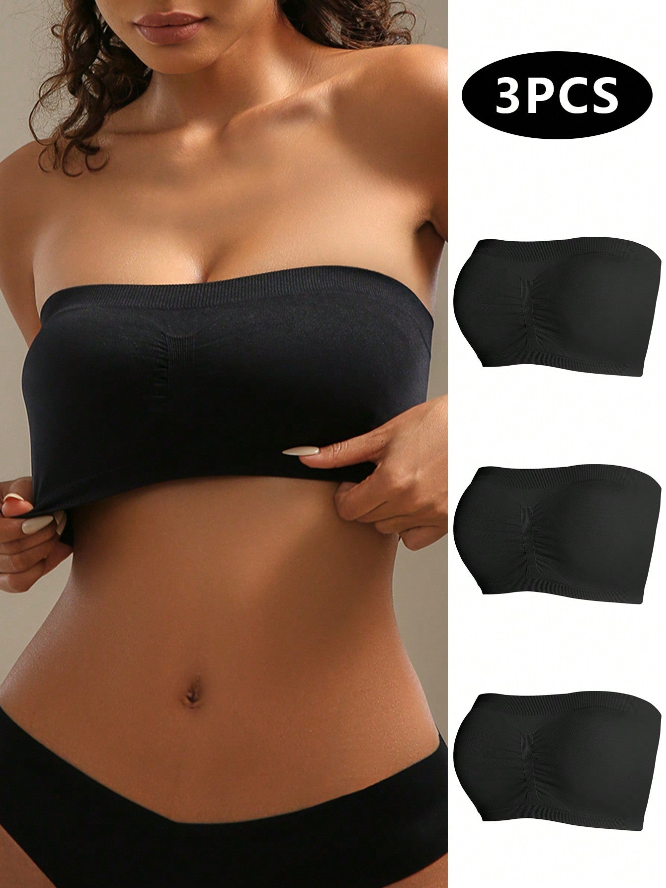 Underwear&Sleepwear Basics 3pcs Solid Ruched Tube Bra