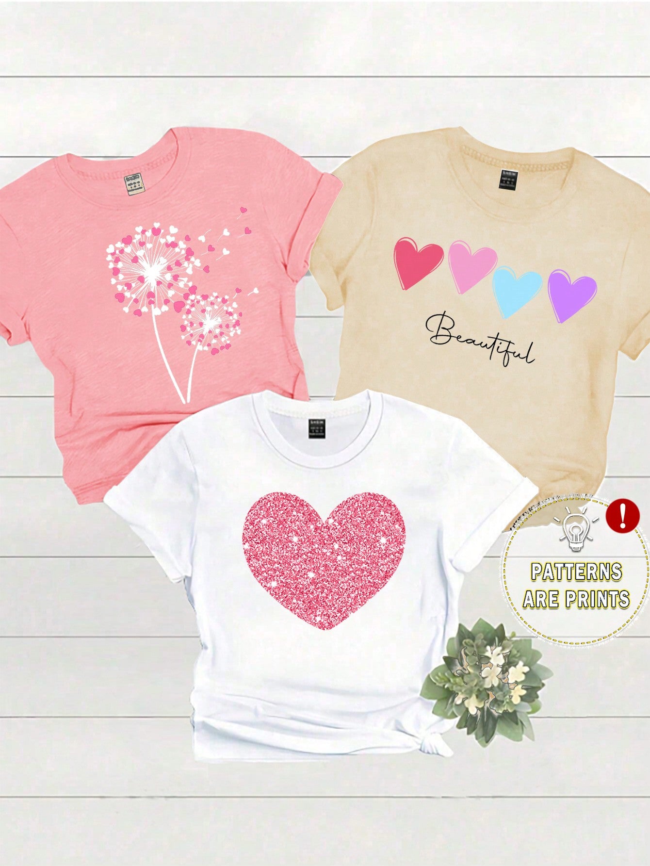 LUNE 3pcs Casual Heart, Letter Printed Round Neck Short Sleeve Women's T-Shirts, Summer Tee