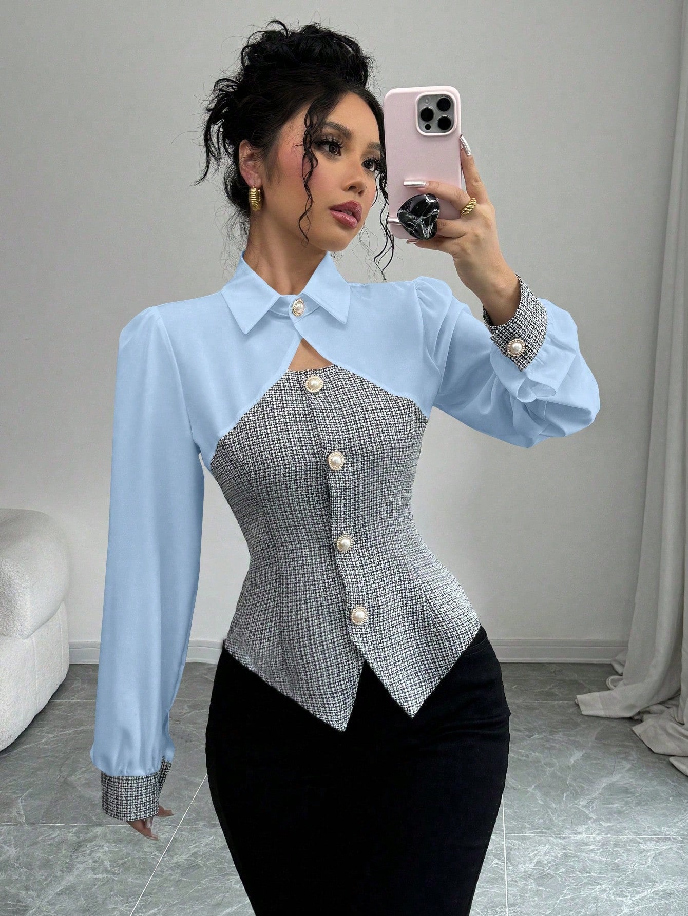 Elenzga New Design Hollowed-Out Splicing Shirt With Cinched Waist, Stylish Long Sleeve Open-Front Shirt