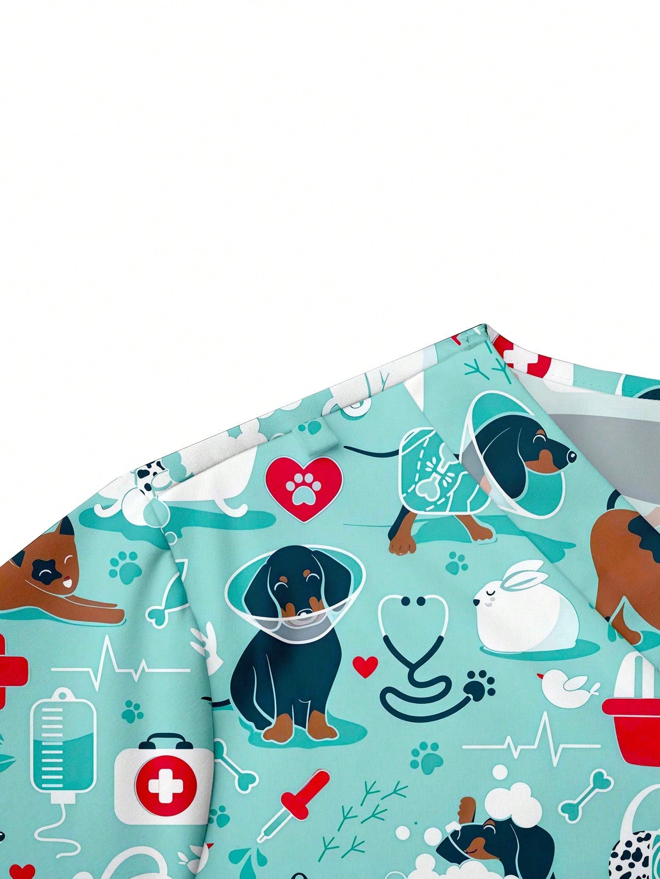 TaskFit Cute Cartoon Animal Print V-Neck Short Sleeve Pocket Uniform Set For Women, Scrubs With Ear Loops & Side Slits