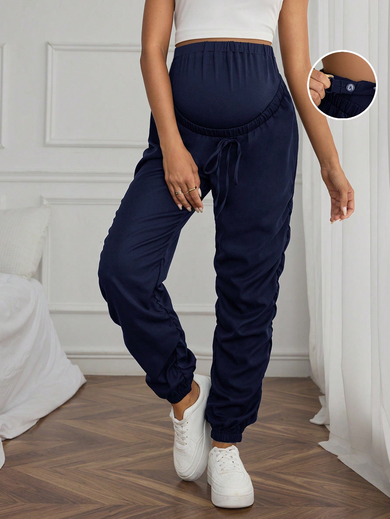 Maternity Solid Color Ruched High Waist Harem Pants