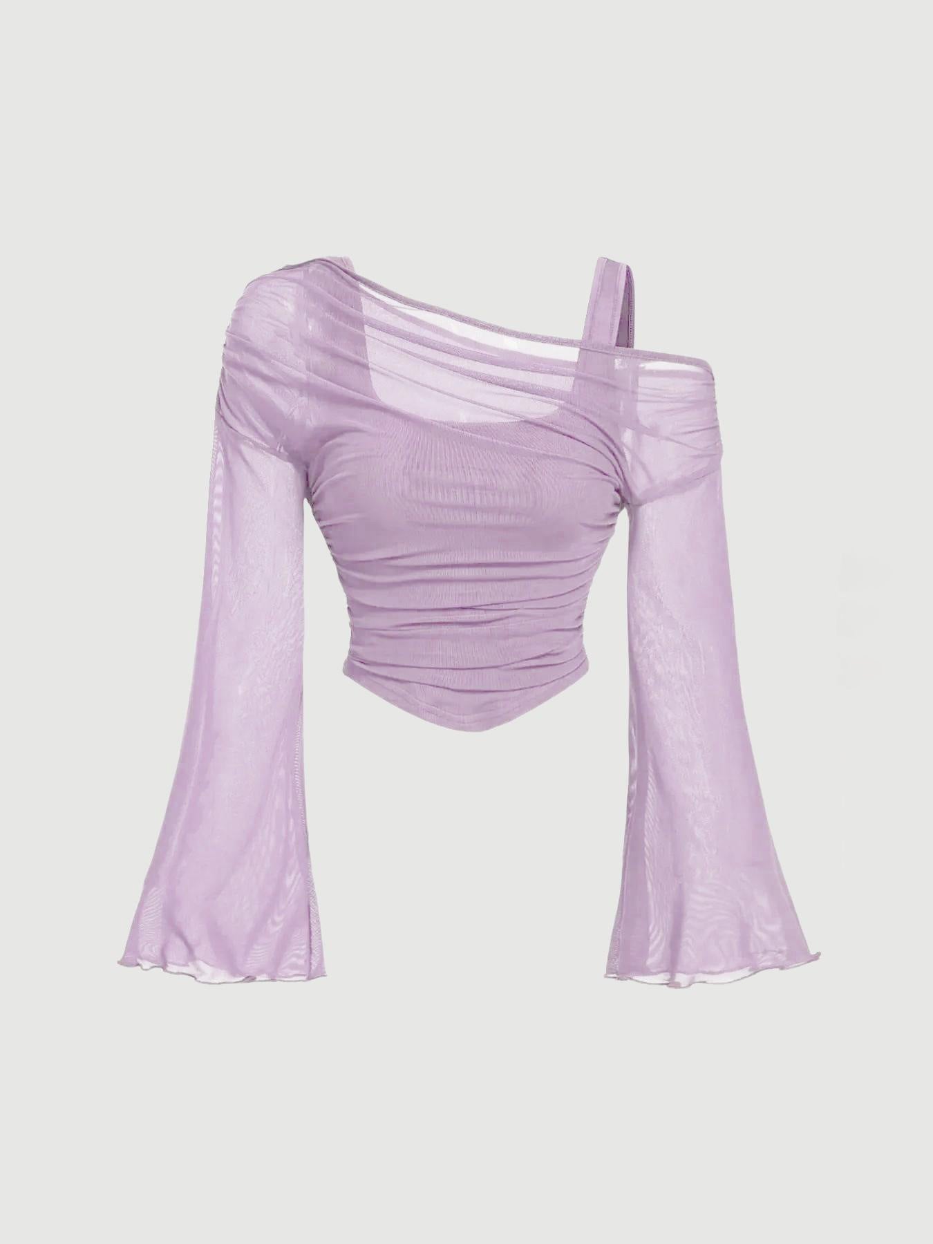 Purple mesh neck pleated long-sleeve top by FitiqueFit, product flat lay view.