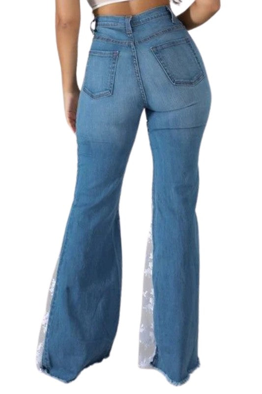 GJG Denim |Lace Bell Bottom Jean in Medium Wash