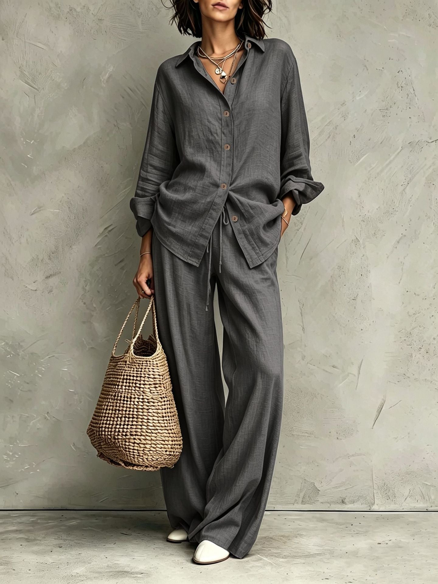 Women's button-down shirt and wide-leg pants set in gray – full outfit front view showing relaxed casual silhouette and straw bag