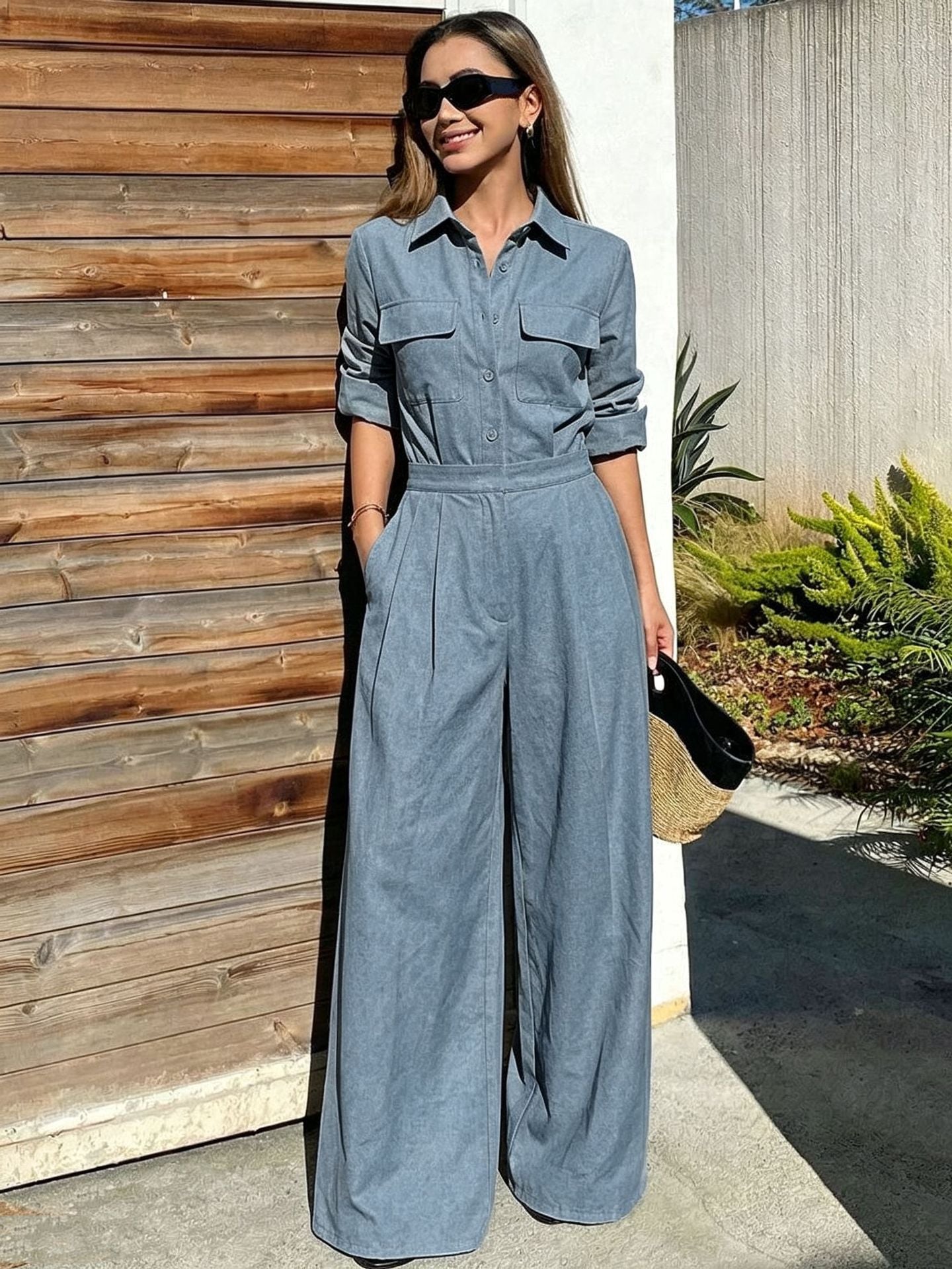 Woman in a blue-gray collared long-sleeve jumpsuit with chest flap pockets, sunglasses, and wide-leg trousers.