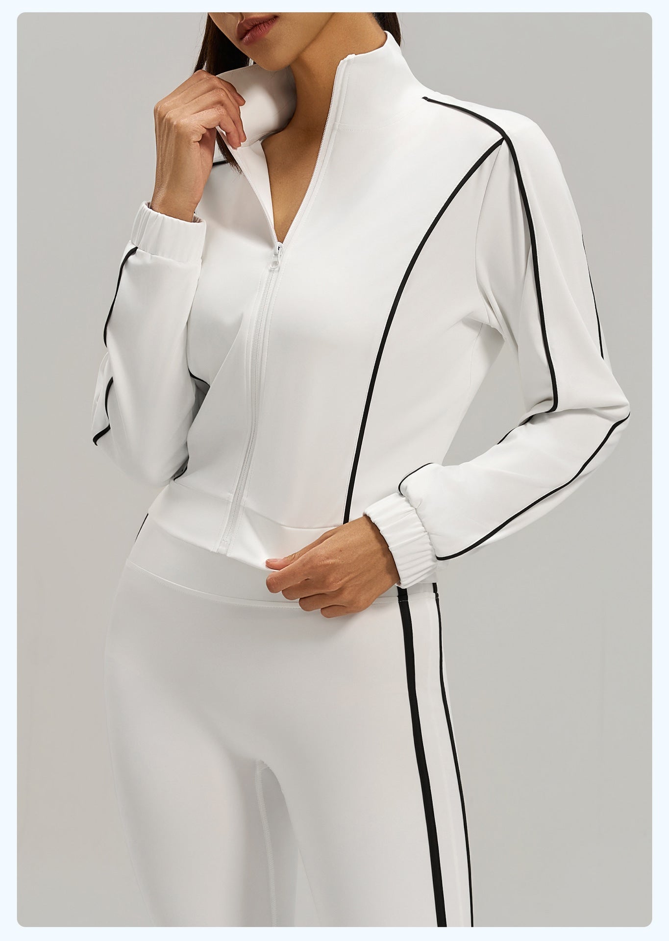 Women's white contrast stripe loose sports cardigan jacket, close-up view
