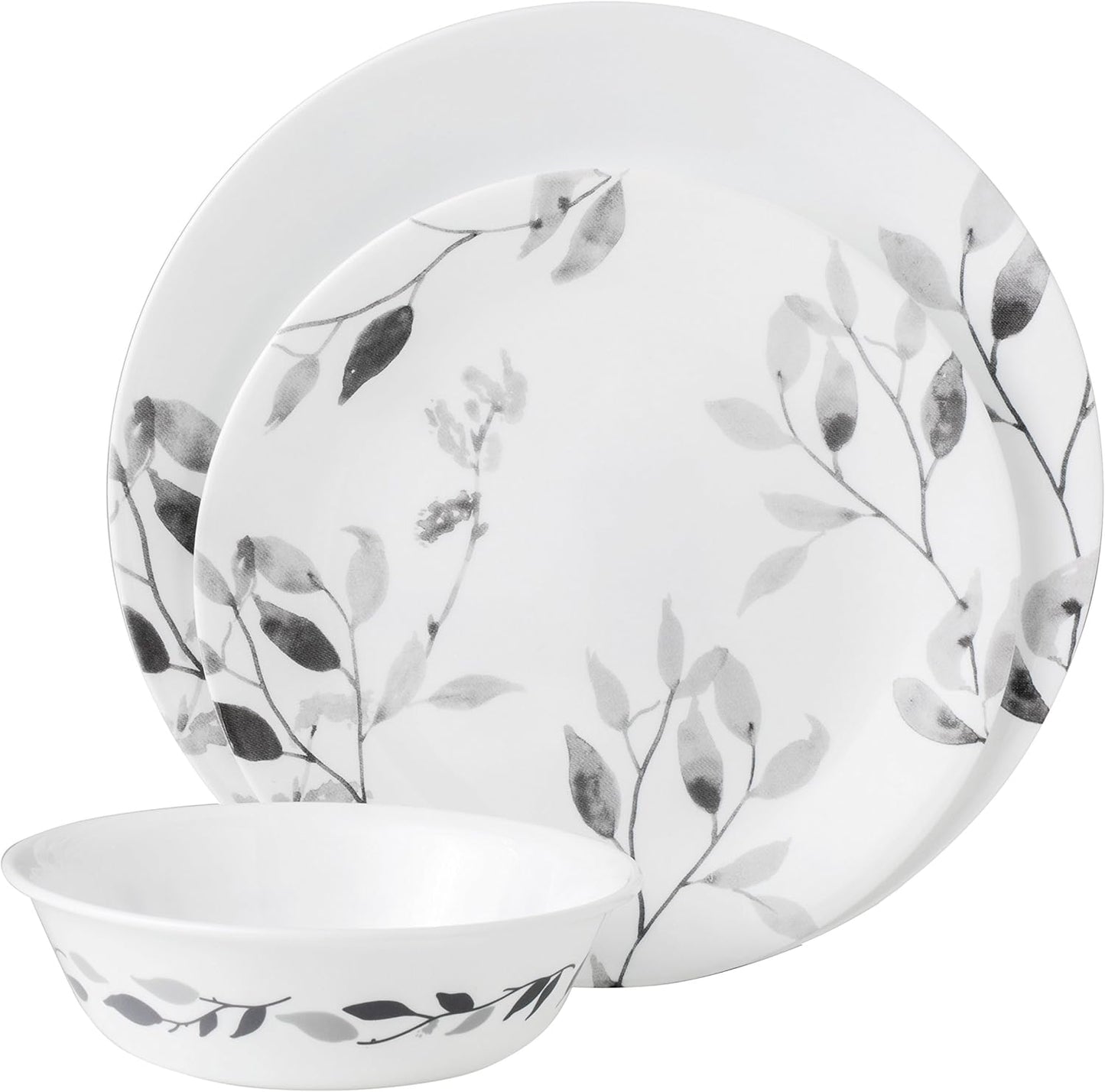 Corelle 12-Piece Vitrelle Misty Leaves Chip and Break Resistant Dinner Set, Grey