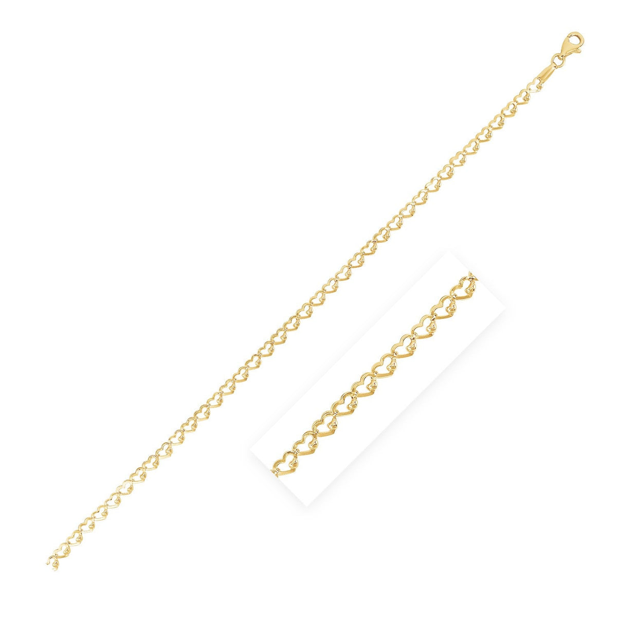 14k Yellow Gold High Polish Heart Link Bracelet (3.20 mm)