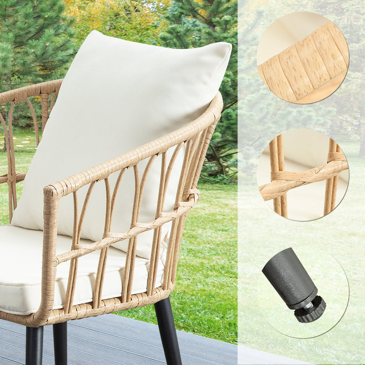 Ainfox 3 PCS Wicker Sofa Patio Bistro Set, Patio Furniture with Glass Top Table and Cushions