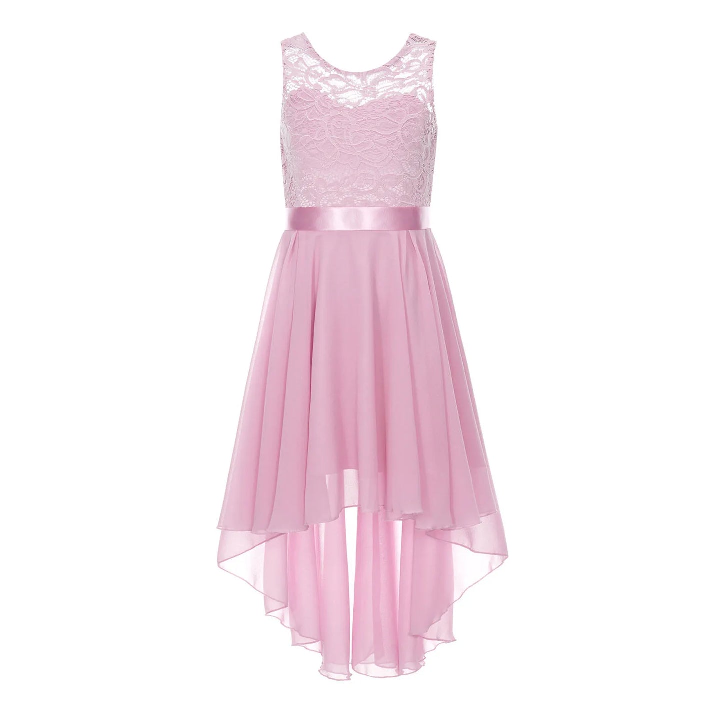 Teen Girls Elegant Scoop Neck Floral Lace Formal Wedding Party Dress Flower Girls Long Sleeve High-Low Chiffon Bridesmaid Dress