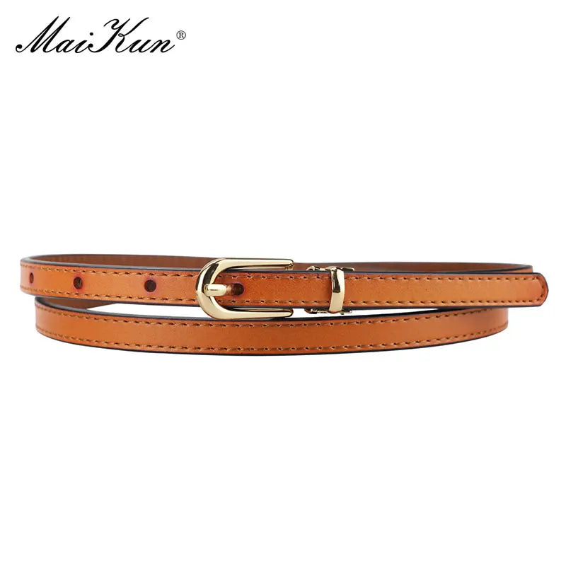 Maikun Women Belts Alloy Pin Buckle Genuine Leather Thin Belt Female Waistband for Jeans Dresses Pants