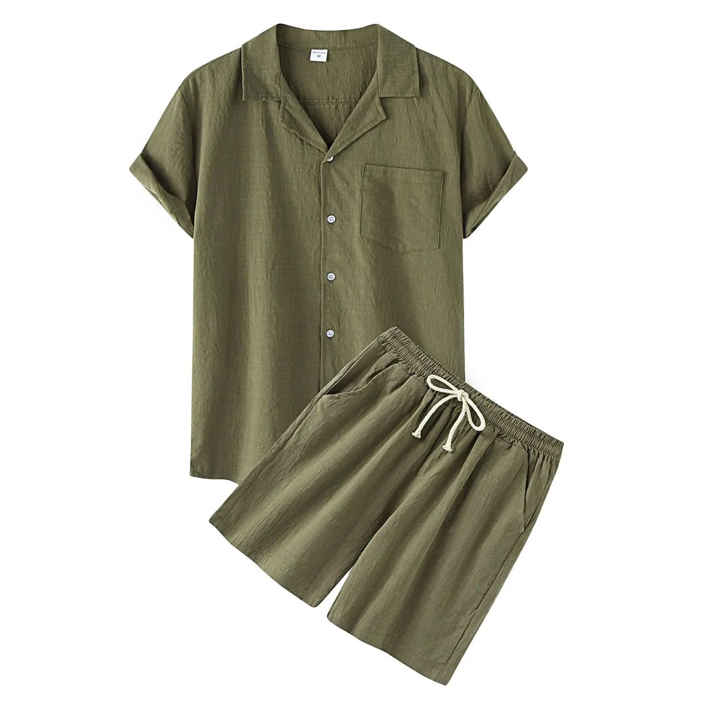 Cotton Linen Men Outfit Set Summer Casual Loose Single Breasted Men's Shirt Shorts 2 Pcs Sets Solid Beach Wear Short Sleeve Suit