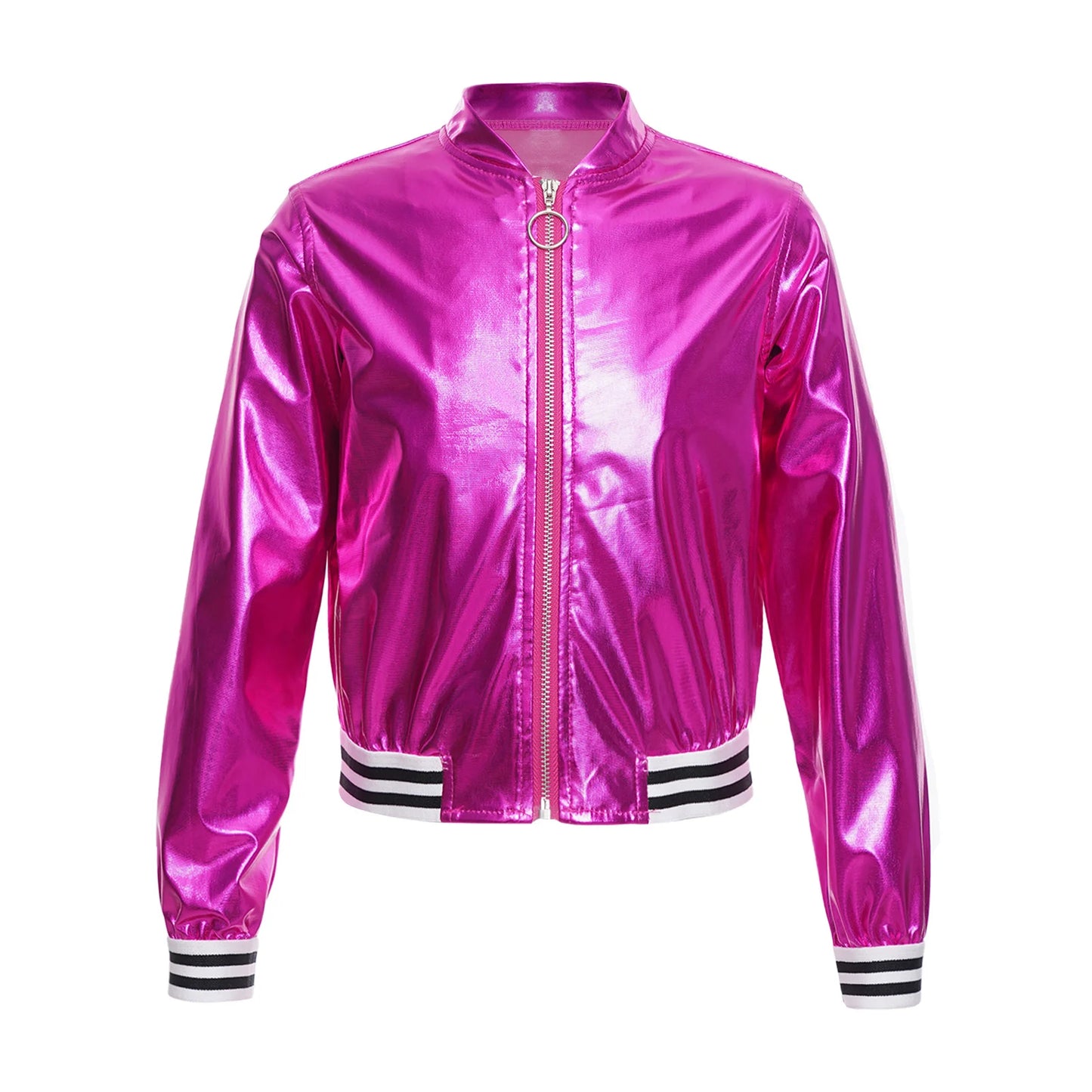 Kids Girls Long Sleeve Casual Sports Bomber Jackets Jazz Hip-hop Street Dance Costume Boys Shiny Metallic Baseball Outwear Coats