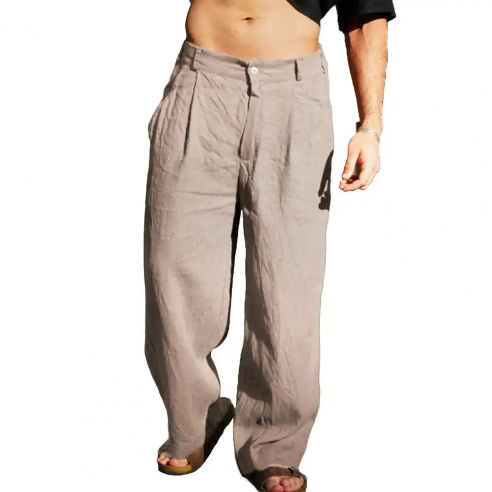 Men Cotton Linen Slacks Solid Color Loose Casual Trousers Breathable Summer Yoga Pants Pleated Jogger For Beach Vacation Fishing