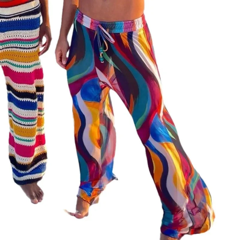 Rainbow Striped Pants Men's Beach Trousers Elastic Waist Straight Pants Men's Beachwear Lightweight Mesh Beach Pants