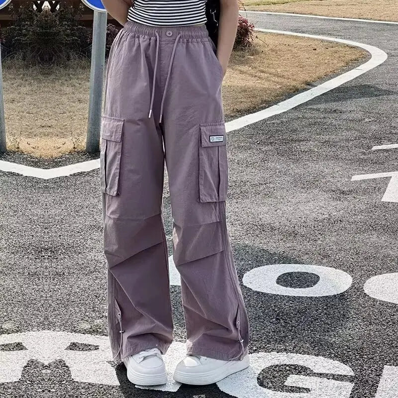Girls Cargo Pants Kids Solid Color Pant Teenage Fashion Trousers 2026 Spring Autumn Children's Clothing Sports Wear