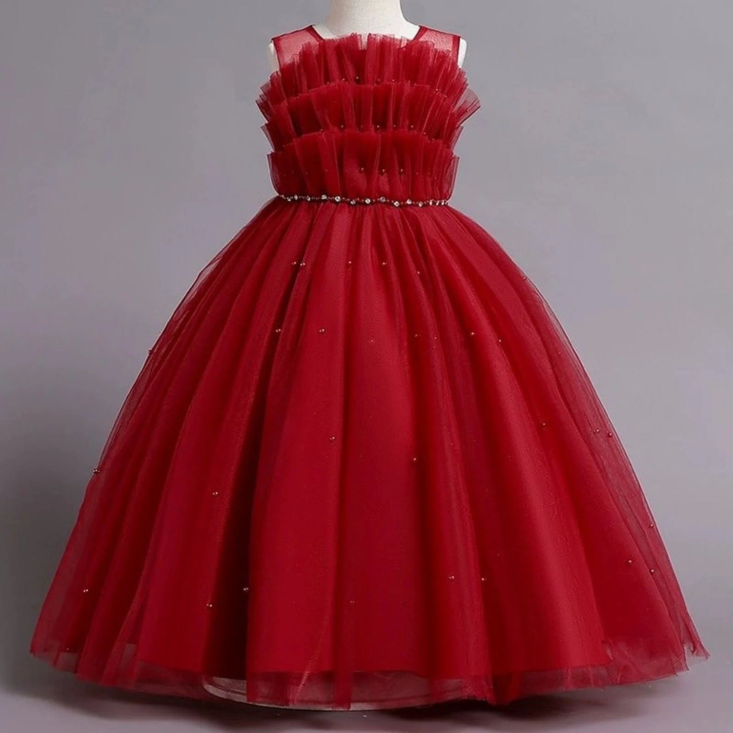 Girls' Dress Pink Red White Navy Blue Girl's Ceremonial Dress Summer Mesh Puffy Shoulderless Evening Dresses For Wedding Party