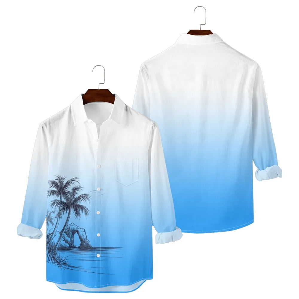 Hawaiian Men Shirts Sunset Oasis Palms Print Full Sleeve Streetwear Button Up Casual Beach to Bar Parties Poolside Shirt Pocket