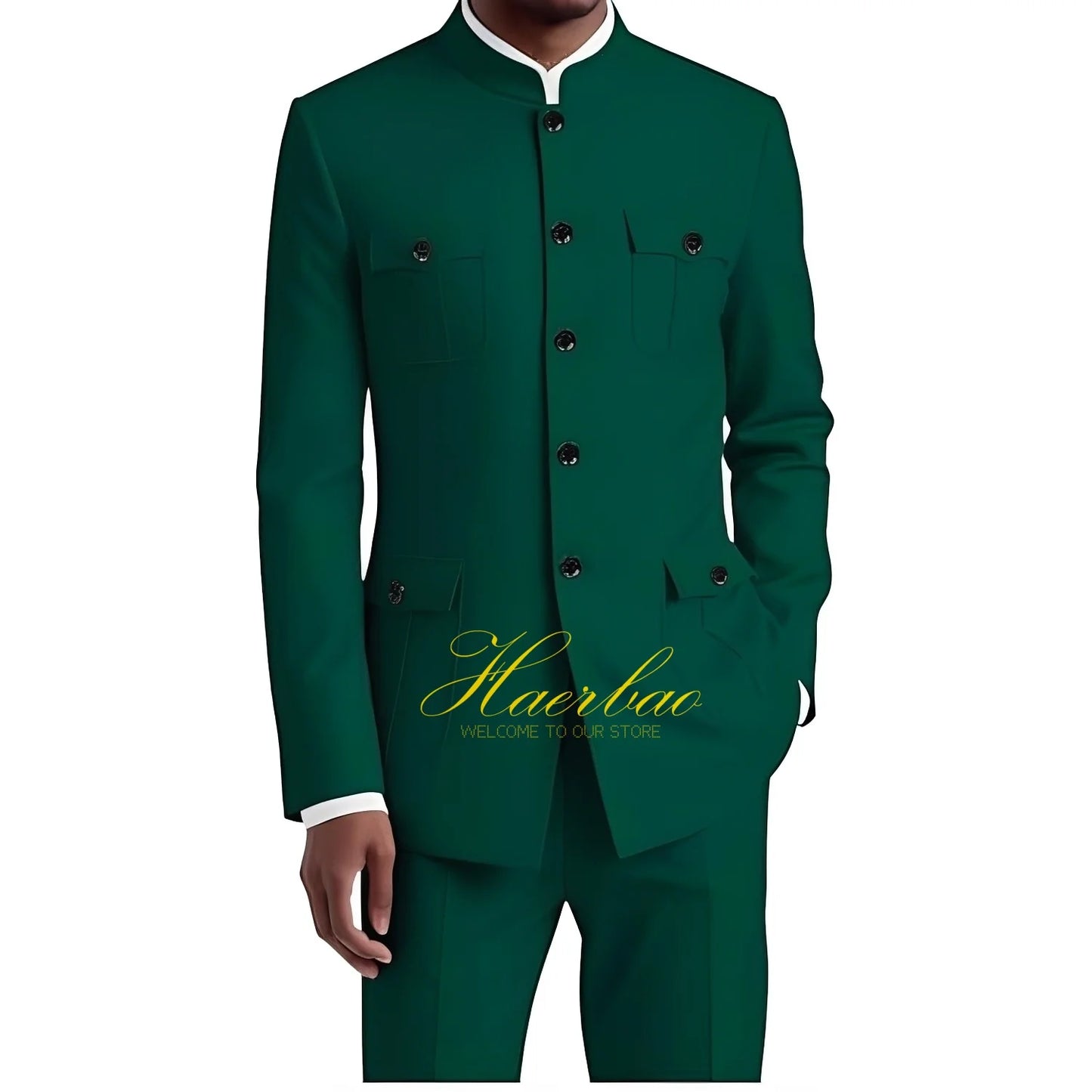 Men's Chinese Tunic Suit Formal 2 Piece Suits for Men Collar Jacket Slim Fit 4 Pocket Blazer Wedding Men Suits Tuxedo