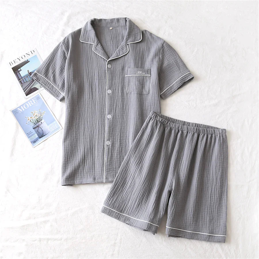 2025 New Summer Men Pajamas Suit Cotton Crepe Gauze Solid Color Simple Short-sleeved Shirt Shorts Sleepwear Men's Loungewear