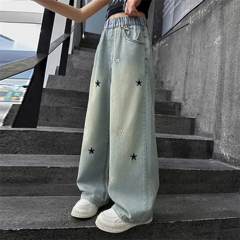 Girls' pants Summer thin 5-12 years old 15 years old medium children casual loose style little girls denim wide-leg pants