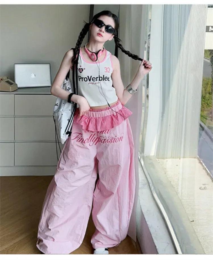 Teen Girls Clothes Cotton Tank Top T-shirt Paratrooper Pants Junior Kid Lotus Leaf Edge Waist Trousers 4-14 Summer Child Outfits