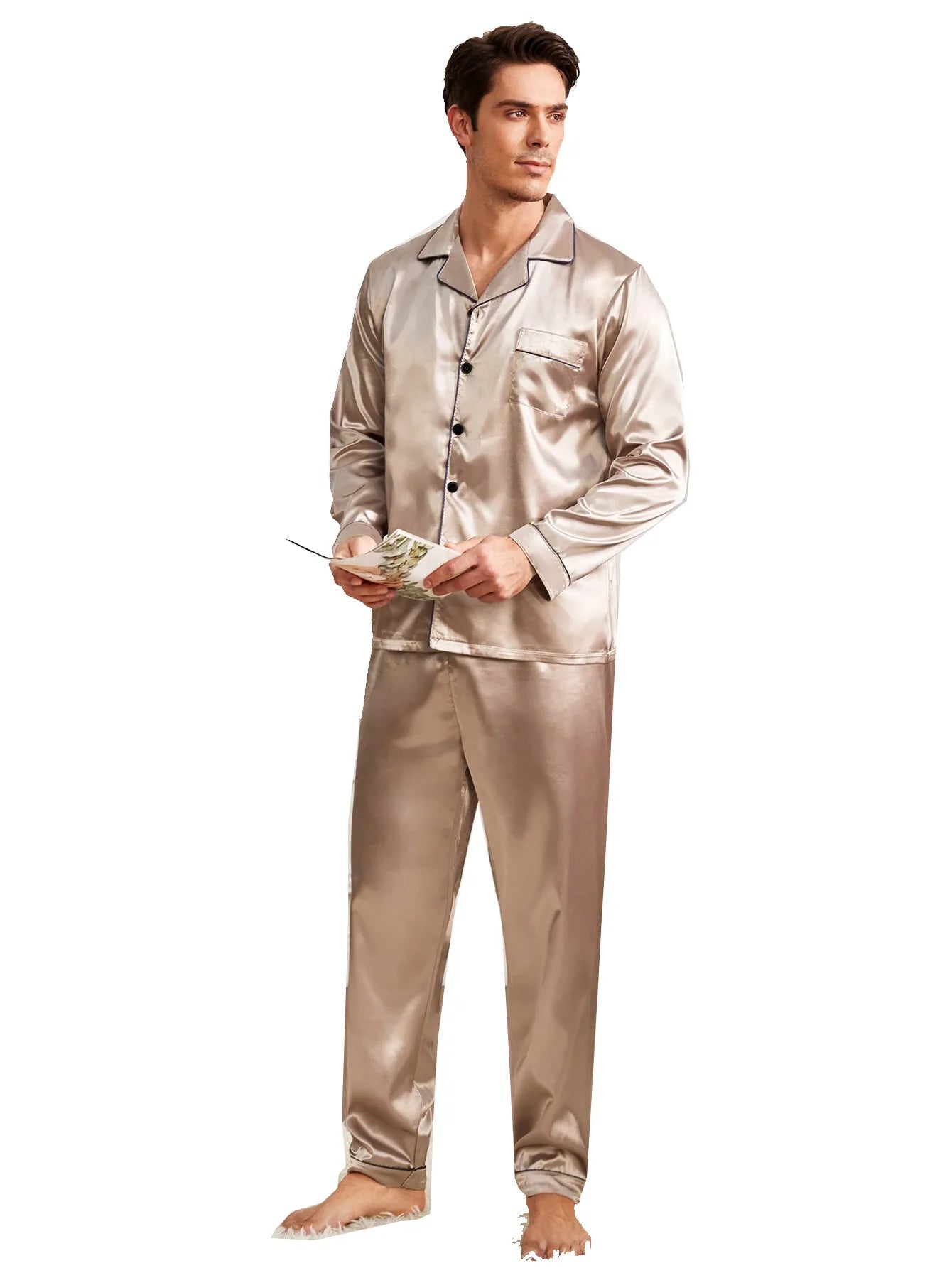 Men Sleepwear Solid Color Nightwear Long Sleeve Top&pants 2Pcs Pyjamas Suit Home Clothes Satin Homewear Outfits Male Pajamas
