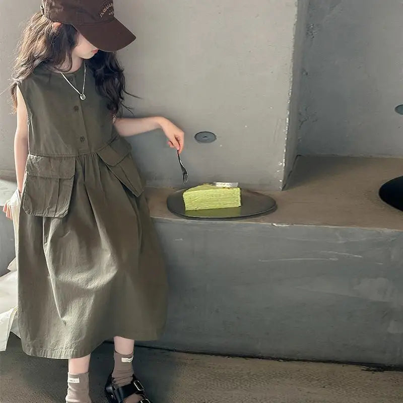 5-14Years Kids Summer Sleeveless Dresses for Girls Cotton Thank Long Dress Teens Children Casual Outfits Clothing 6 7 8 9 10 11