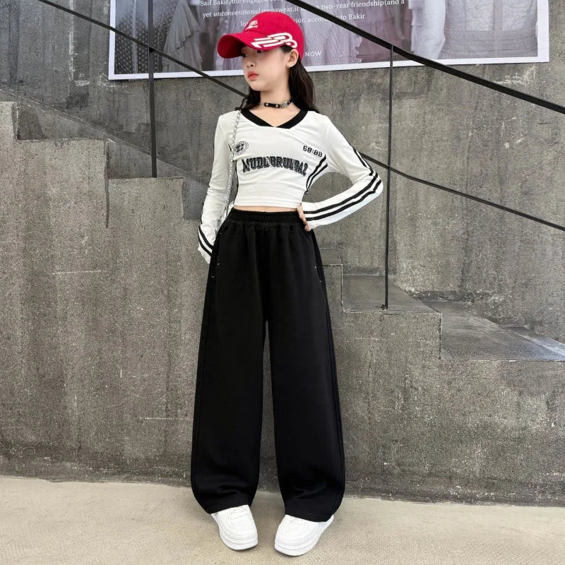 Girls Sweatpants 2025 Spring Autumn New Style Teenagers Fashion Casual Sports Pants Children Straight Loose Wide-leg Trackpants